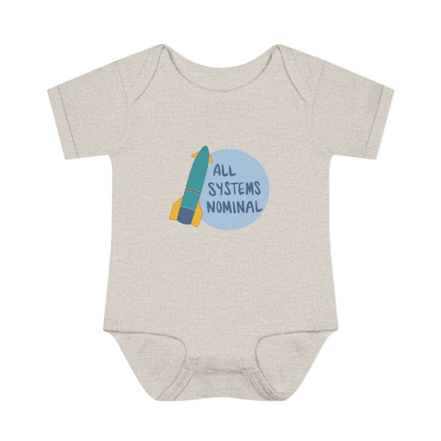 Grey baby onesie with a rocket and 'All Systems Nominal' graphic on a white background