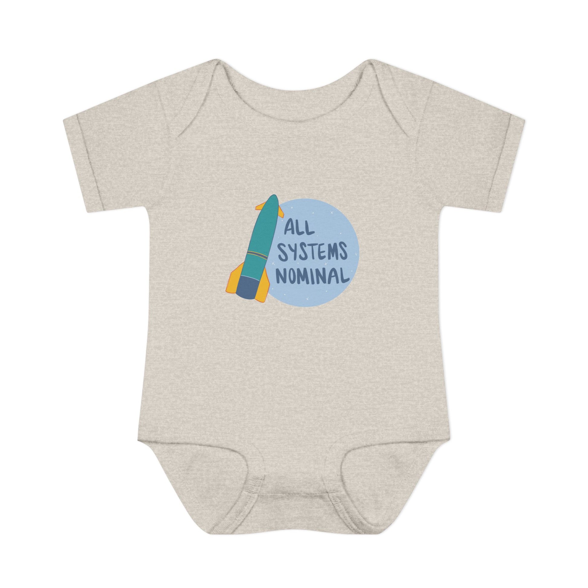 Grey baby onesie with a rocket and 'All Systems Nominal' graphic on a white background