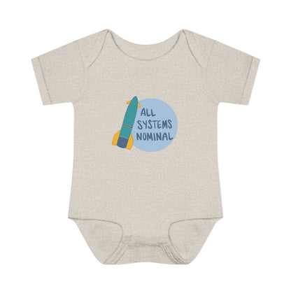 Grey baby onesie with a rocket and 'All Systems Nominal' graphic on a white background