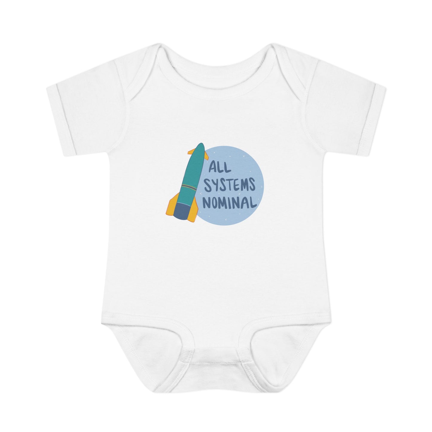 White baby onesie with a rocket and 'All Systems Nominal' graphic on a white background