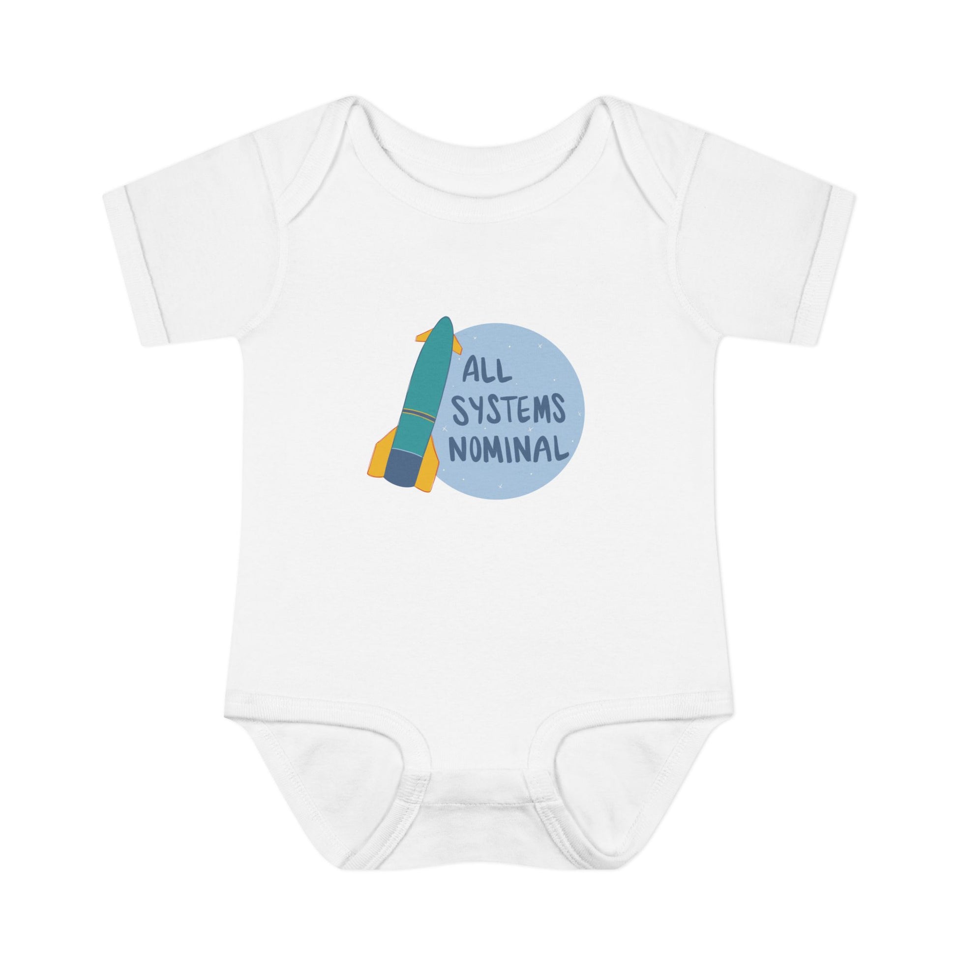 White baby onesie with a rocket and 'All Systems Nominal' graphic on a white background