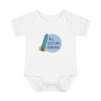 White baby onesie with a rocket and 'All Systems Nominal' graphic on a white background