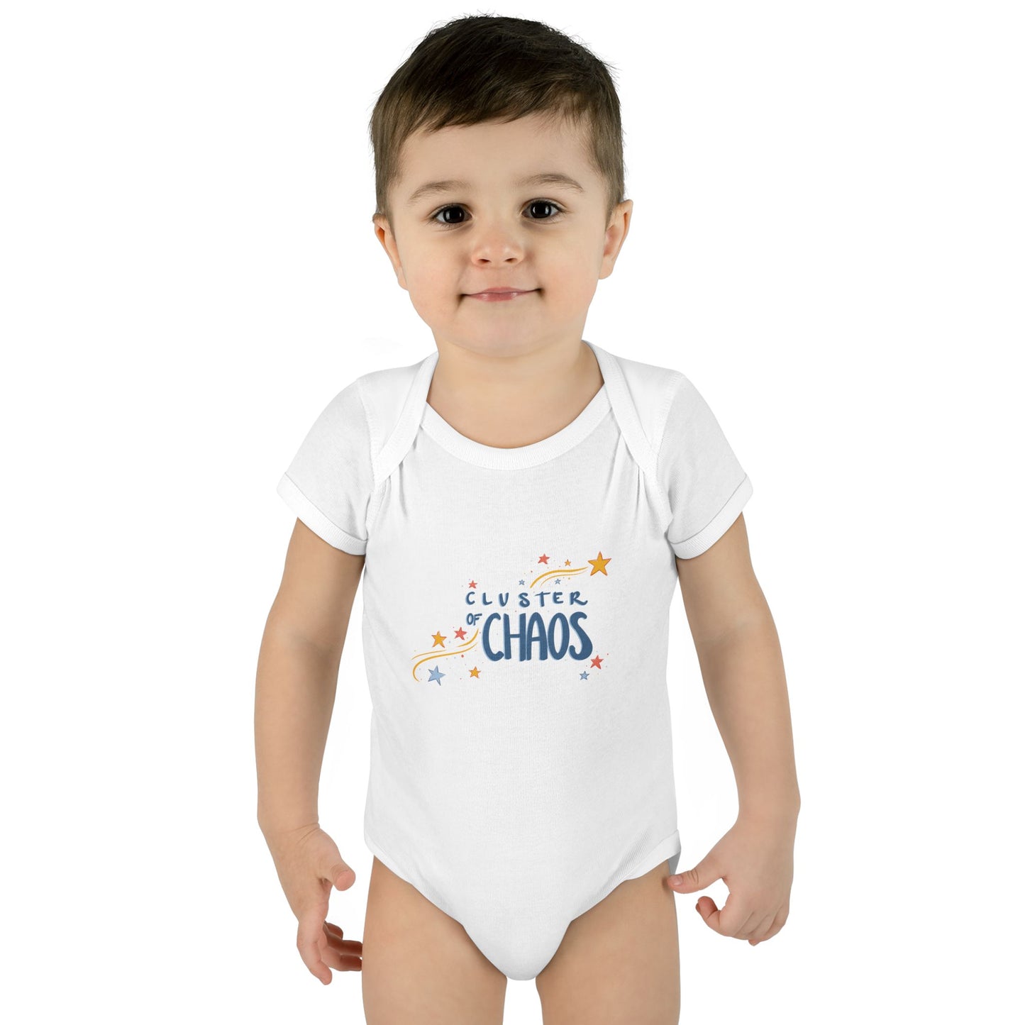 Child wearing a white onesie with 'Cluster of Chaos' text on a white background