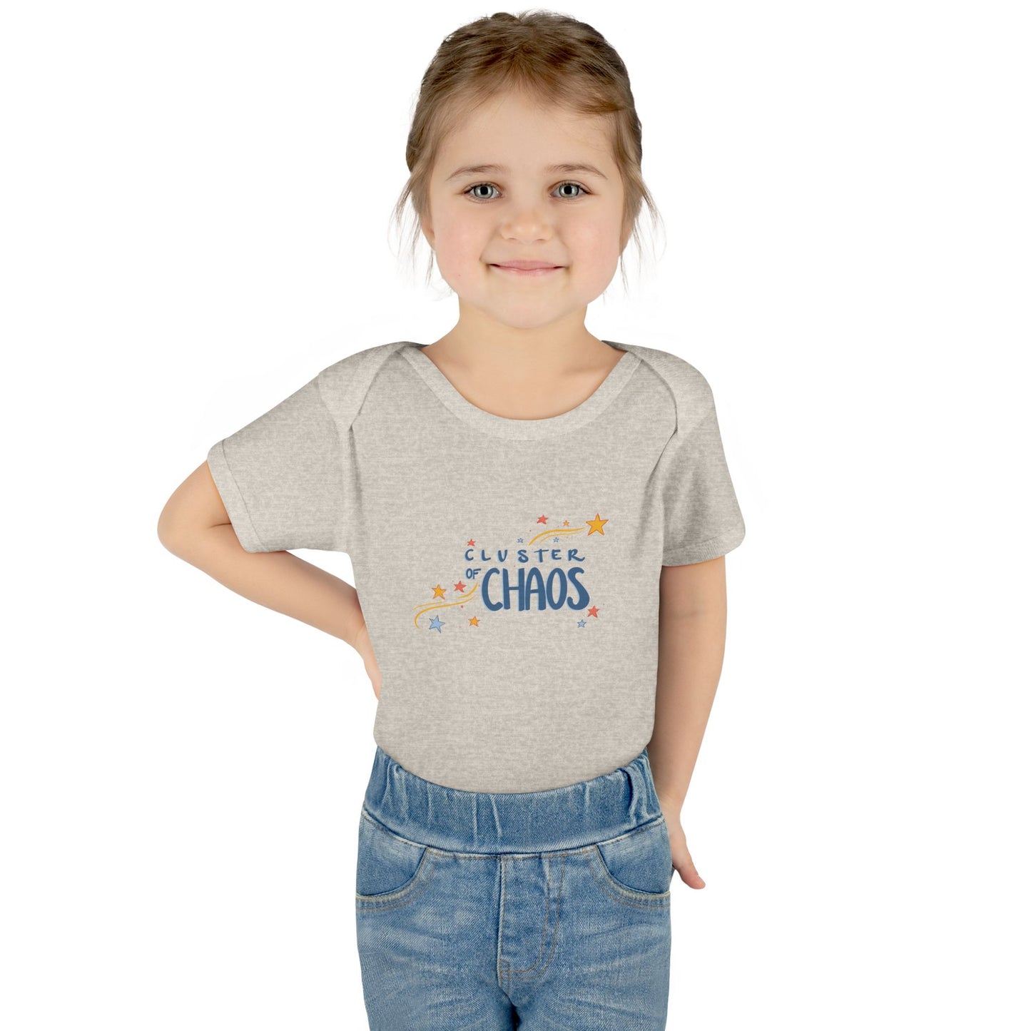 Child wearing a gray onesie with 'Cluster of Chaos' text and blue jeans on a white background