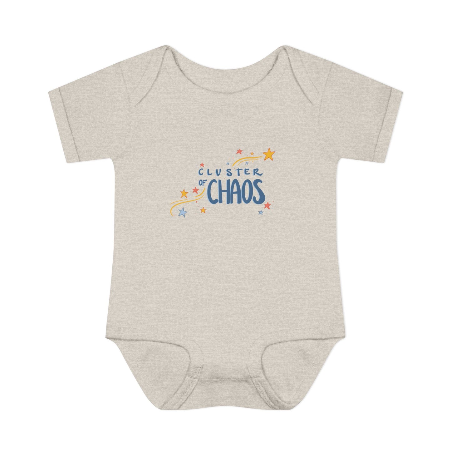 Grey baby onesie with 'Cluster of Chaos' text and star graphics on a white background
