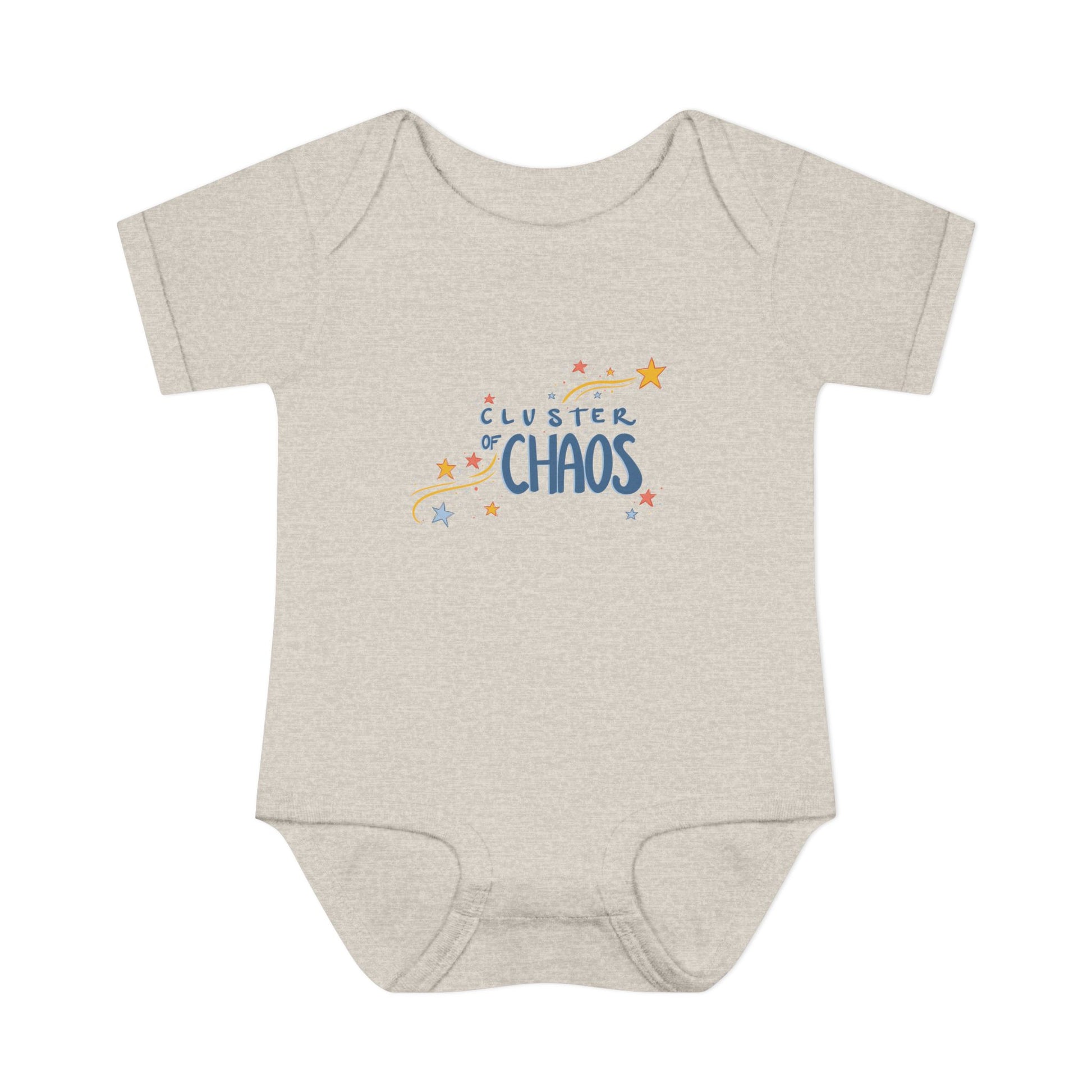 Grey baby onesie with 'Cluster of Chaos' text and star graphics on a white background