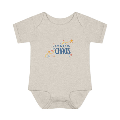 Grey baby onesie with 'Cluster of Chaos' text and star graphics on a white background