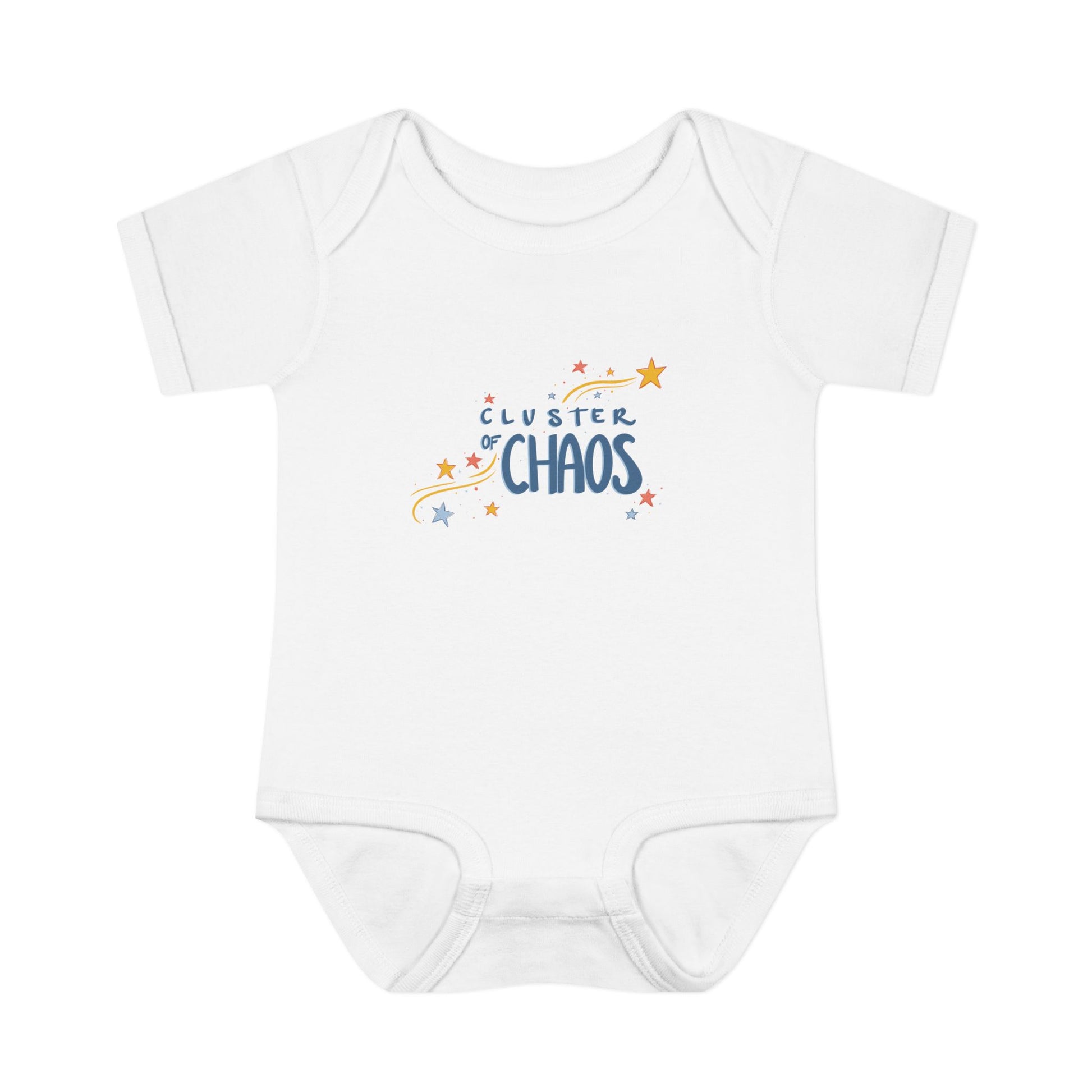 White baby onesie with 'Cluster of Chaos' text and star graphics on a white background