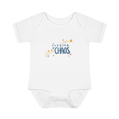 White baby onesie with 'Cluster of Chaos' text and star graphics on a white background