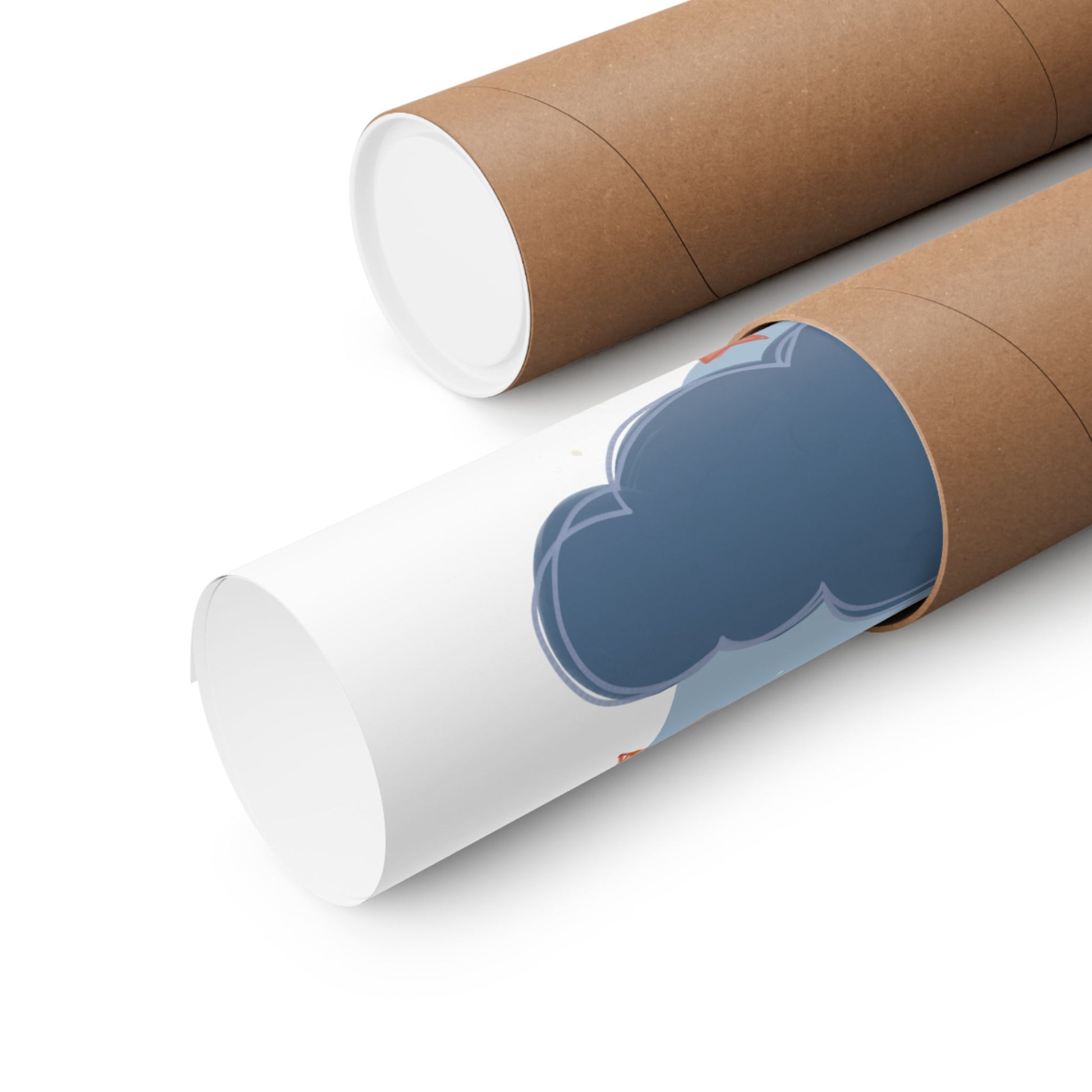 Two cardboard tubes with a piece of paper partially pulled out on a white background