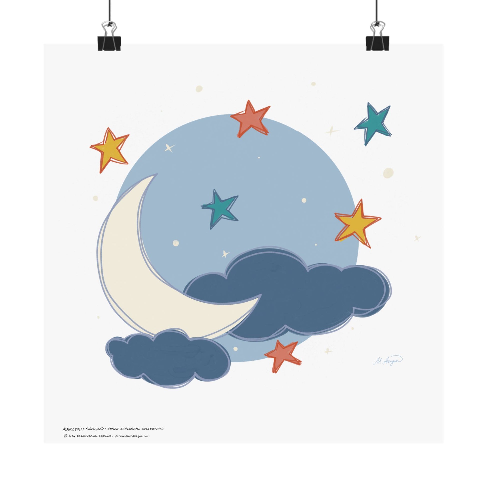 Illustration with a cream moon, red , teal, and yellow stars, and dark blue clouds on a light blue circle background