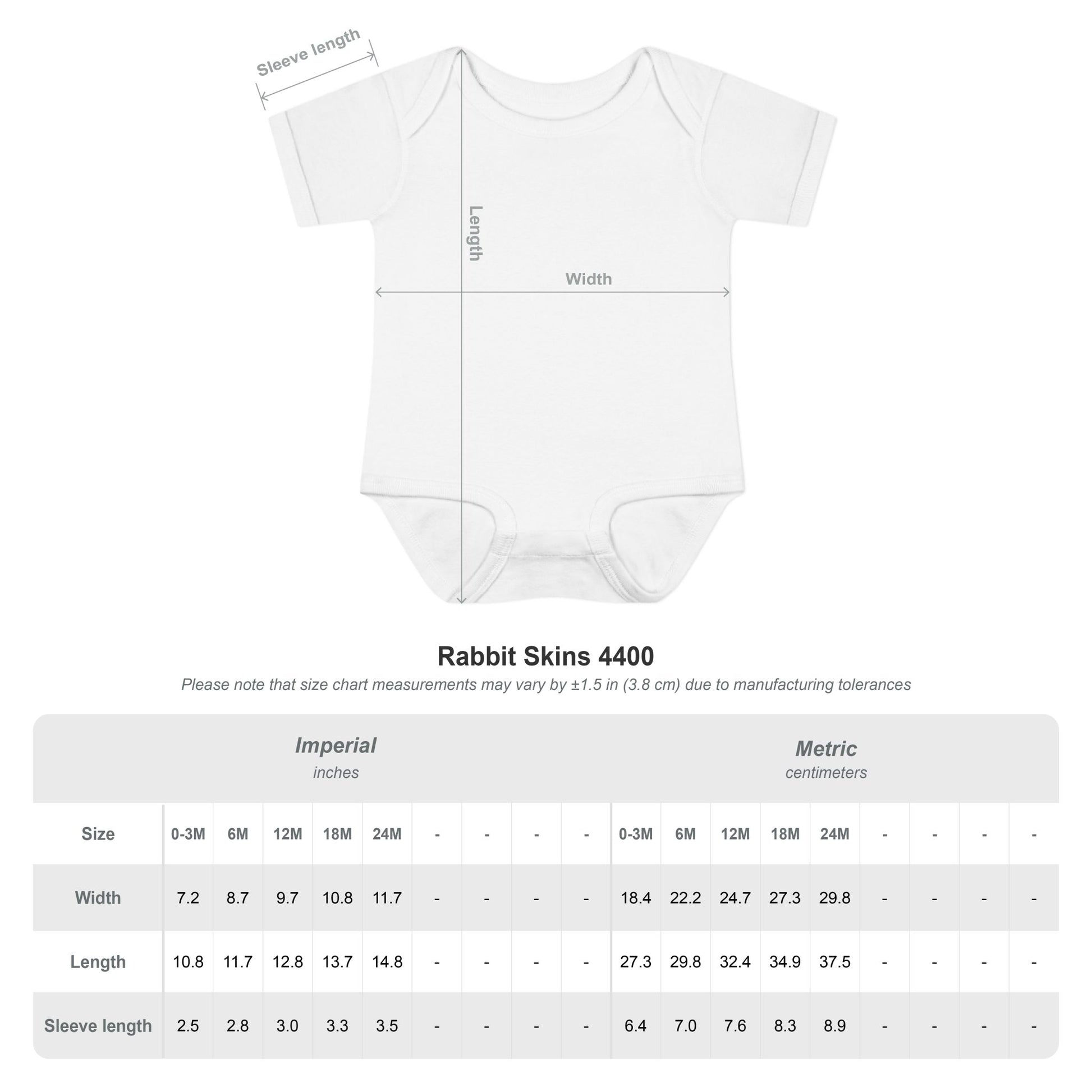 White baby onesie with measurement chart on a white background