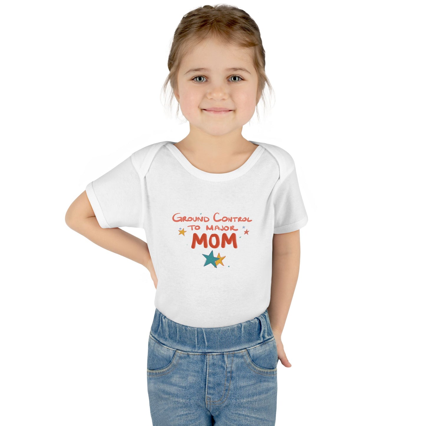 Child wearing white baby onesie with 'Ground Control to Major Mom' text on a white background