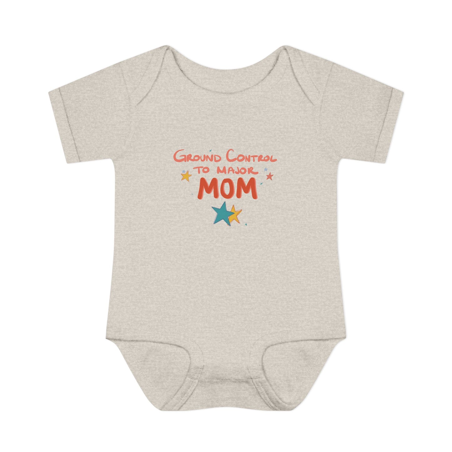 Grey baby onesie with 'Ground Control to Major Mom' text on a white background