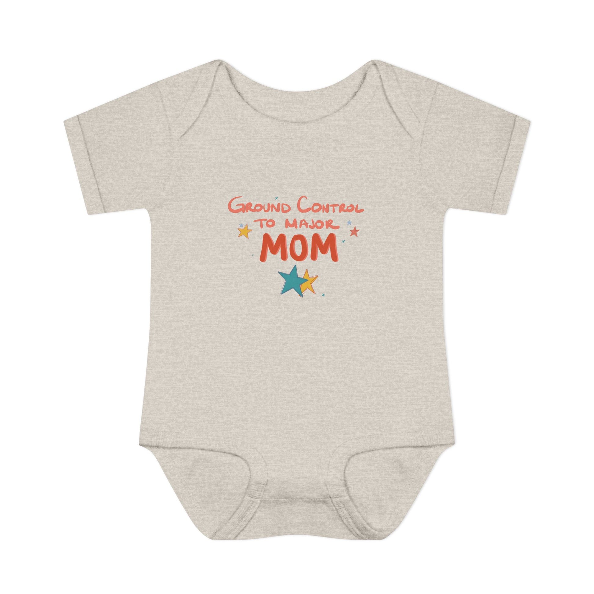 Grey baby onesie with 'Ground Control to Major Mom' text on a white background
