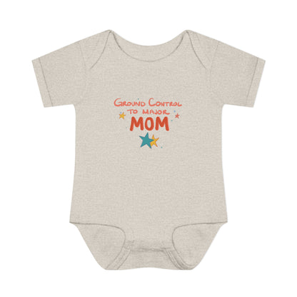 Grey baby onesie with 'Ground Control to Major Mom' text on a white background