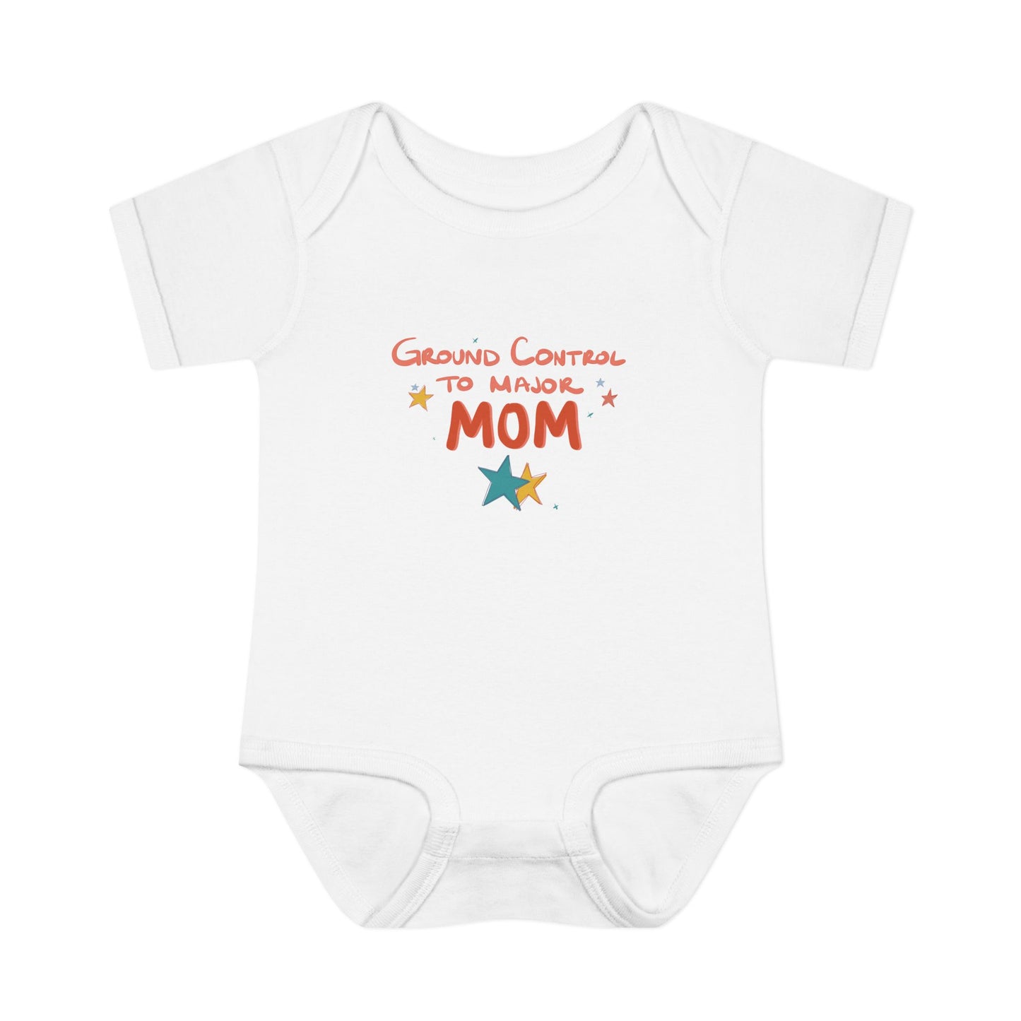 White baby onesie with 'Ground Control to Major Mom' text on a white background
