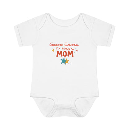White baby onesie with 'Ground Control to Major Mom' text on a white background