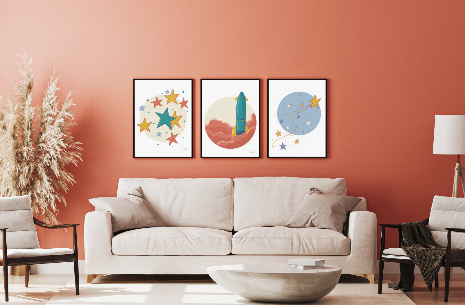 Living room with a beige sofa, coffee table, and wall art on a terracotta colored wall.