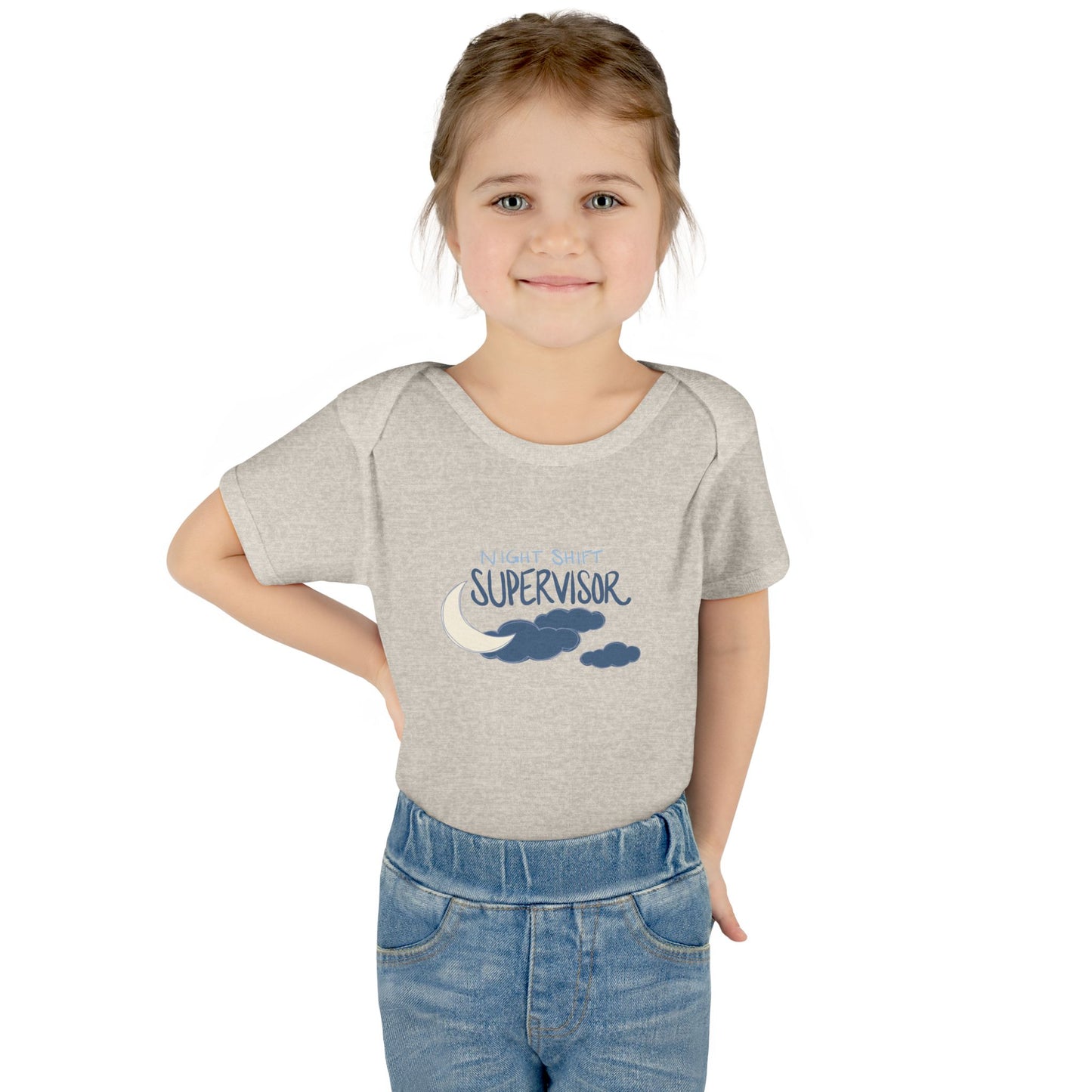 Child wearing a gray onesie with 'Supervisor' text and cloud graphics on a white background
