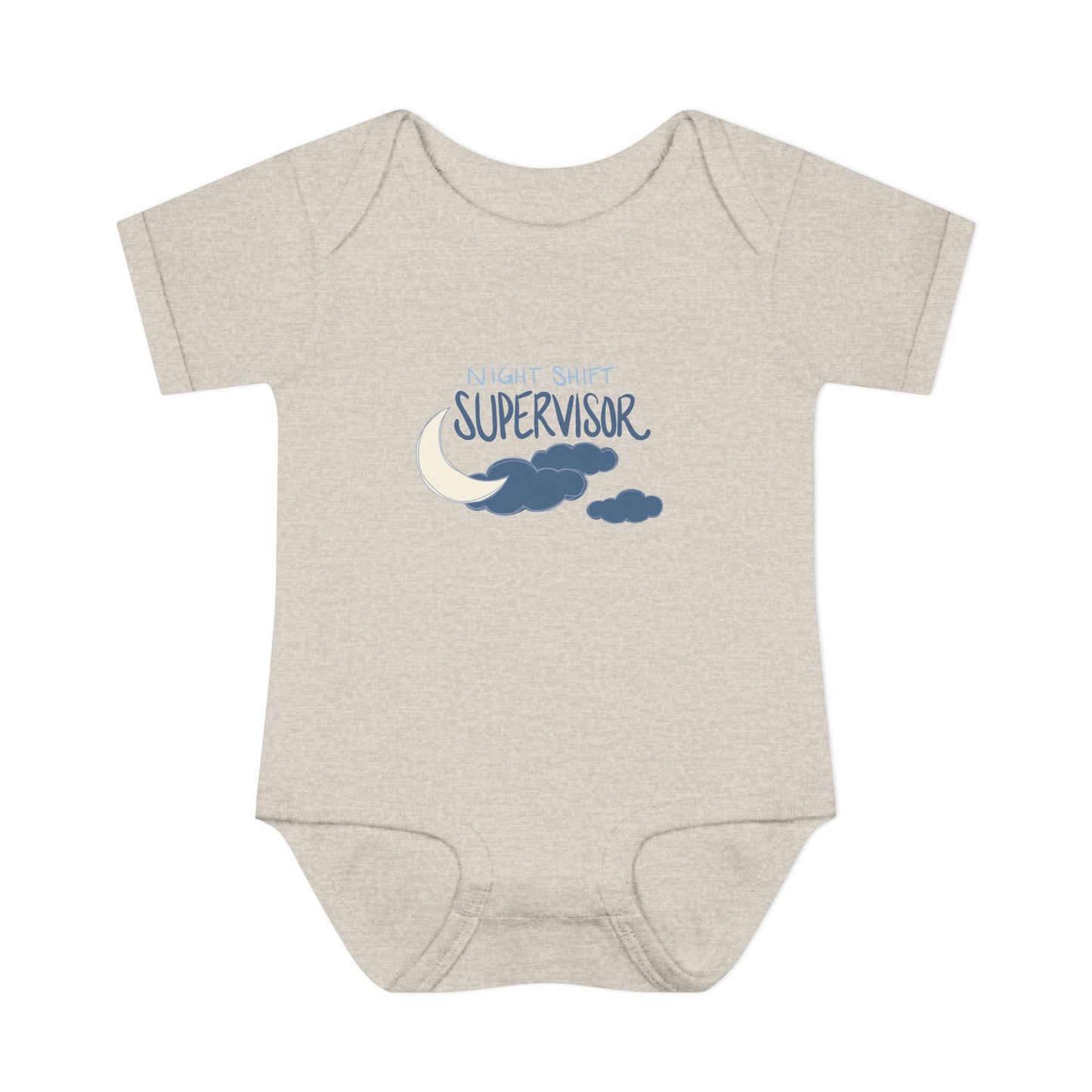 Grey baby onesie with 'Night Shift Supervisor' text and moon/cloud design on a white background