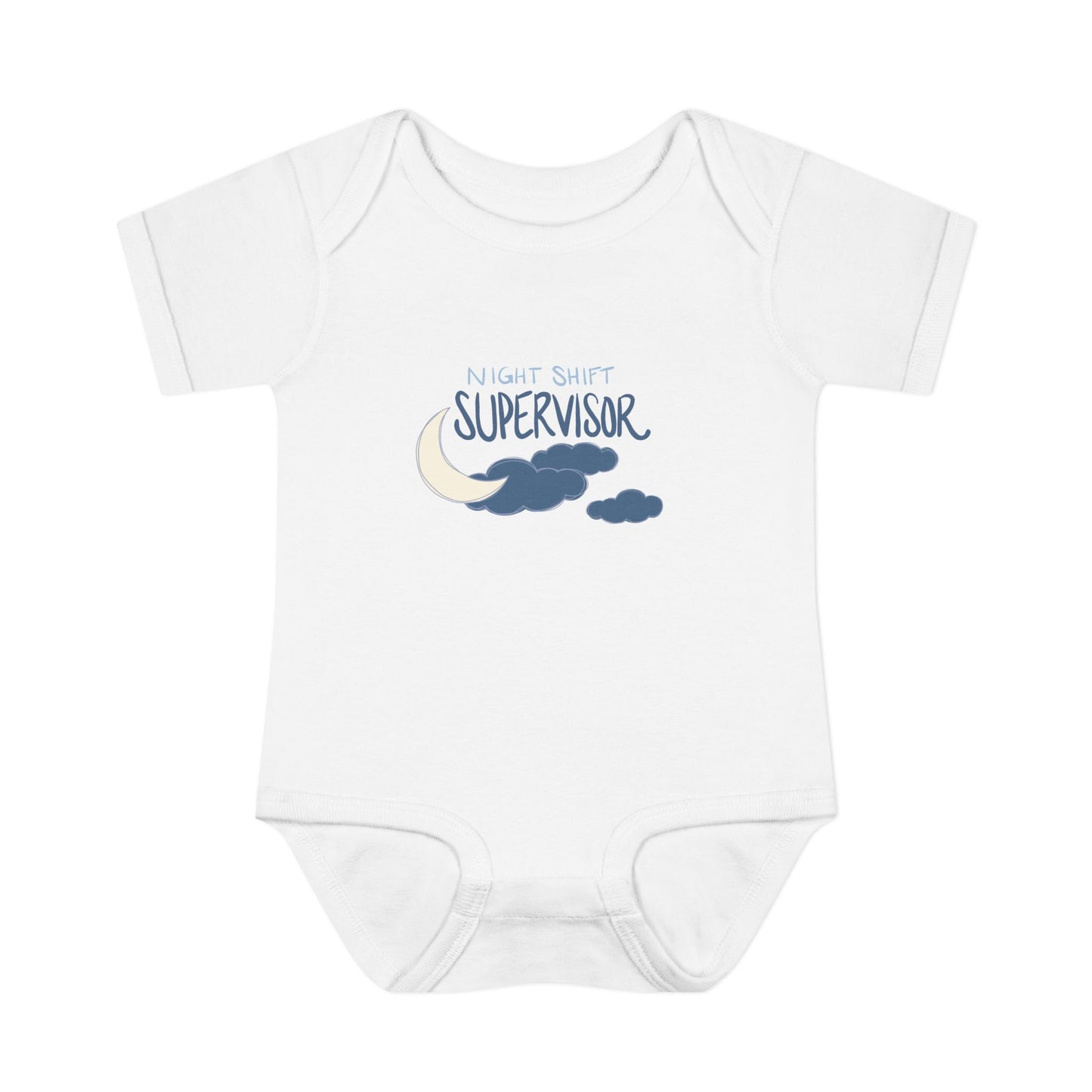 White baby onesie with 'Night Shift Supervisor' text and moon/cloud design on a white background